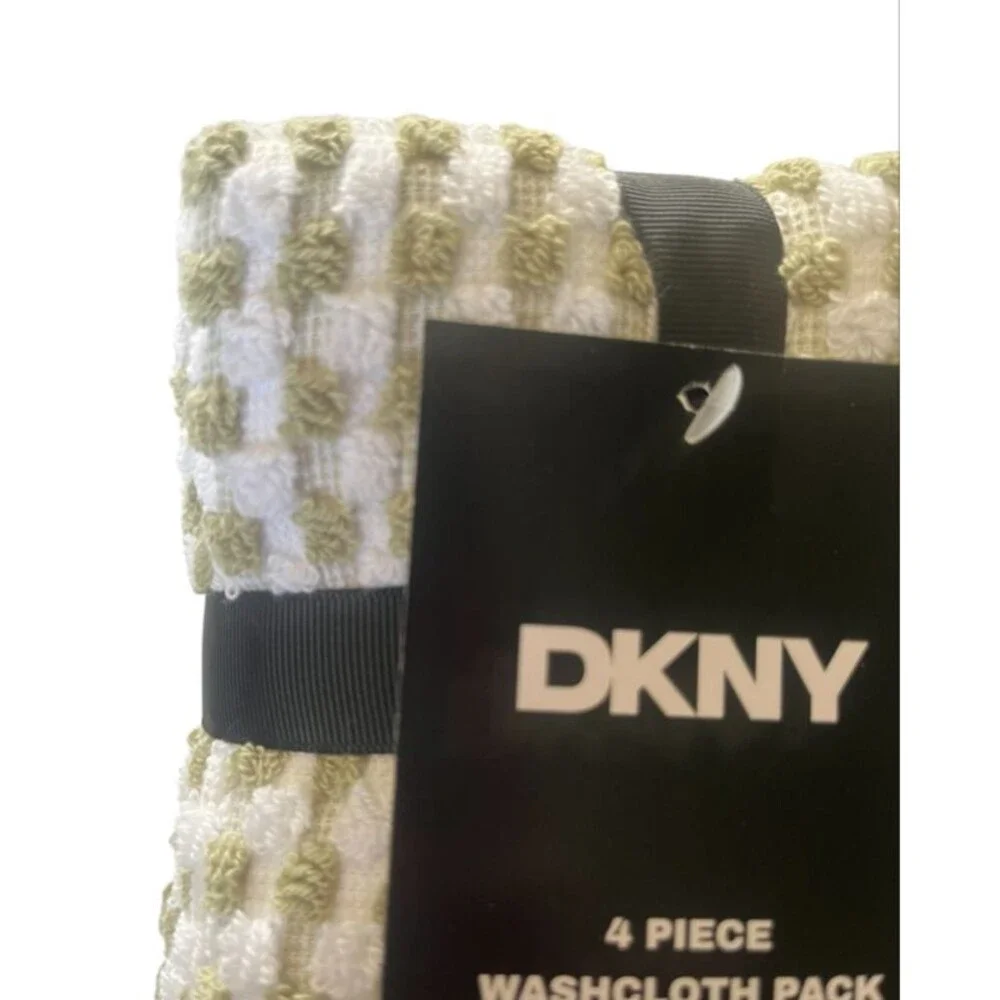 DKNY Facecloths Washcloths Green White Gingham Check 100% Cotton Set of 4